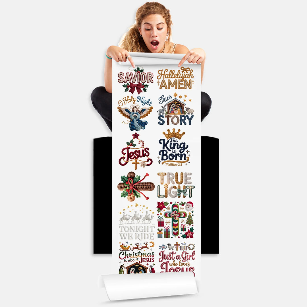 Person holding Christmas Christian Faith DTF transfer gang sheet with 12 holiday religious designs ready to press