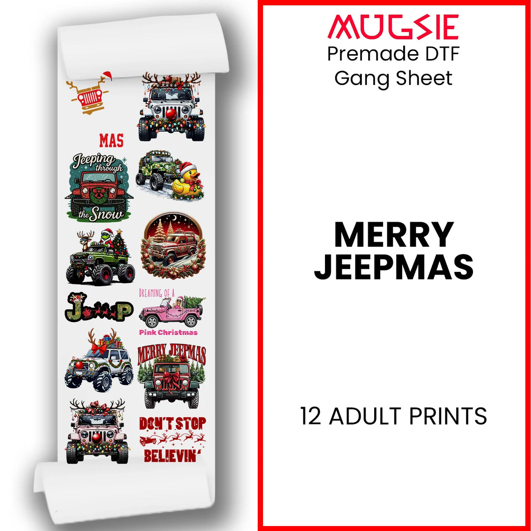 Merry Jeepmas Christmas DTF gang sheet featuring 12 holiday jeep designs with reindeer antlers and festive decorations