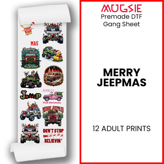 Merry Jeepmas Christmas DTF gang sheet featuring 12 holiday jeep designs with reindeer antlers and festive decorations