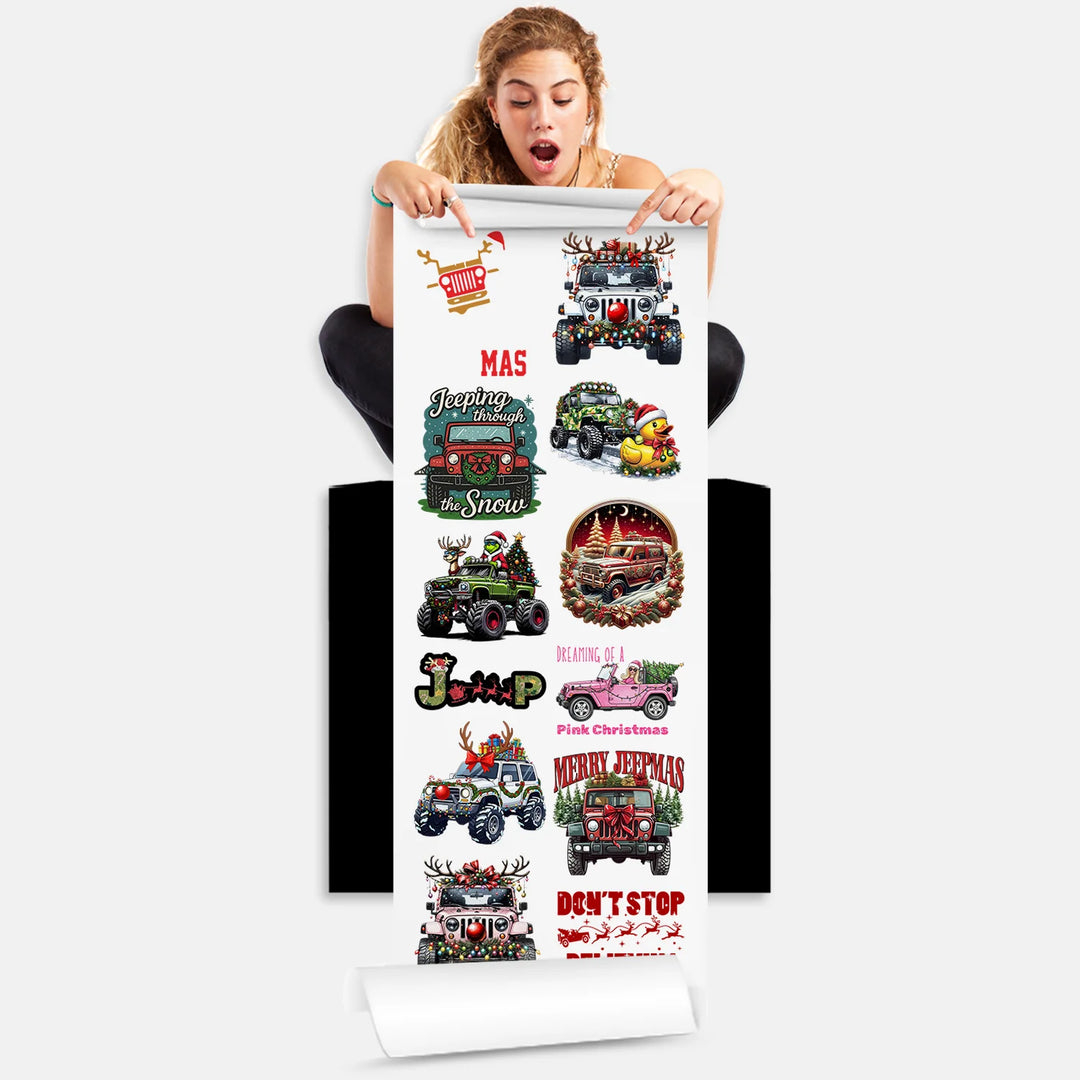 Person holding Merry Jeepmas Christmas DTF gang sheet with 12 festive jeep designs ready to press for holiday apparel