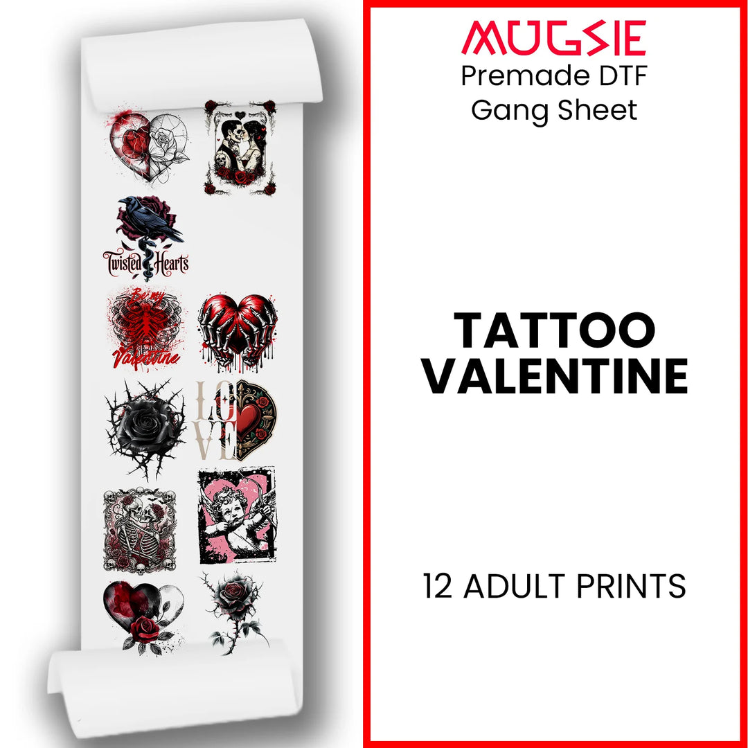 Valentine Tattoo Hearts DTF gang sheet title graphic showing 12 edgy romantic designs for heat press transfers
