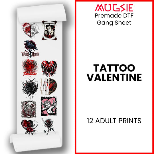 Valentine Tattoo Hearts DTF gang sheet title graphic showing 12 edgy romantic designs for heat press transfers