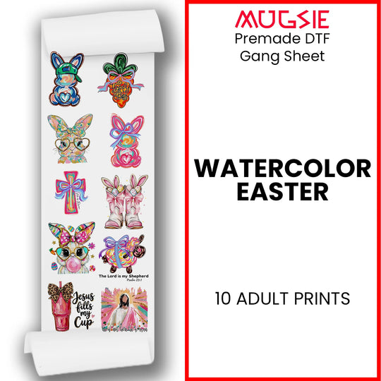 Watercolor Easter DTF Gang Sheet title graphic showing 10 bunny and faith-themed transfer designs