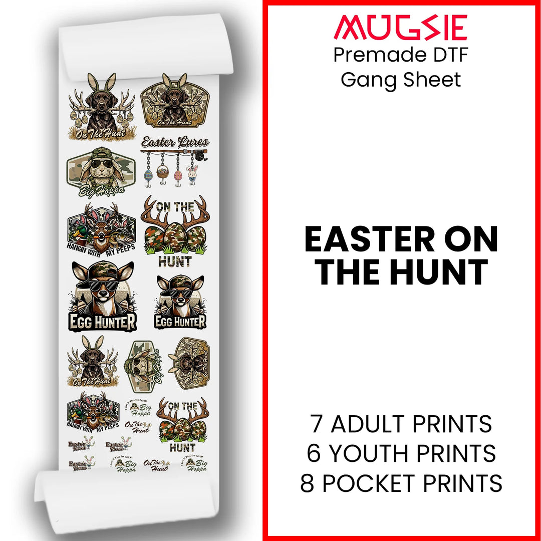 Easter hunting themed DTF transfer gang sheet title graphic showing bunny hunters and egg hunt adventure designs
