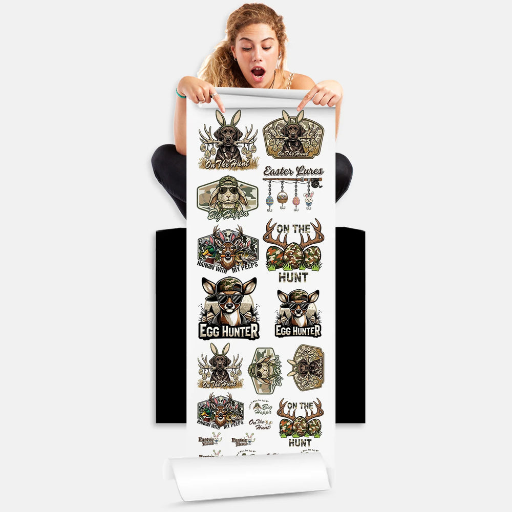 Person holding Easter hunting theme DTF transfer gang sheet with 21 bunny and egg hunt designs ready to press onto shirts