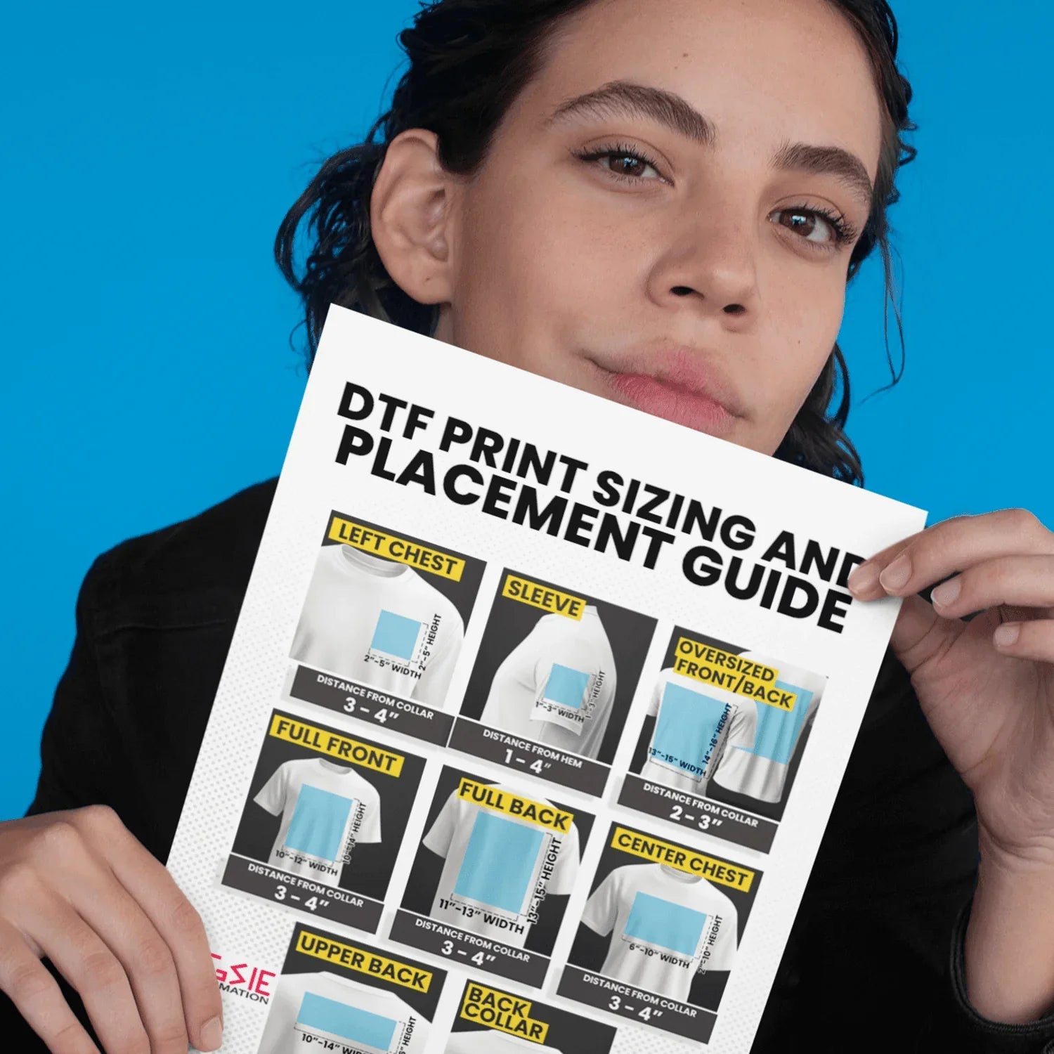 DTF Placement Guide – Woman Holding Flyer for T-Shirt Print Positioning