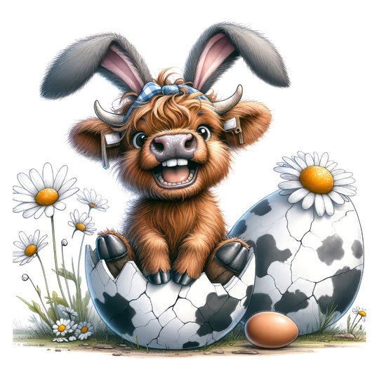 Easter Highland Cow: Baby Bunny Ears Cow Egg - DTF Transfer - Direct-to-Film