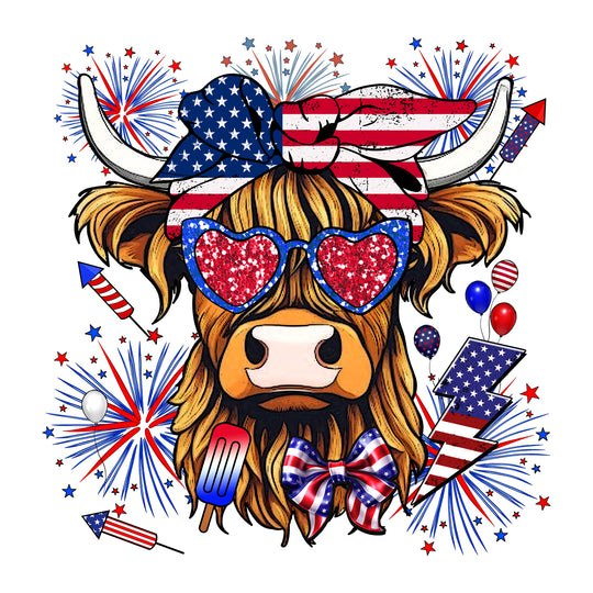 USA Highland Cow: Patriotic Cow - DTF Transfer - Direct-to-Film