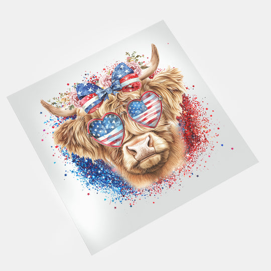 USA Highland Cow: Patriotic Glitter Cow - DTF Transfer - Direct-to-Film