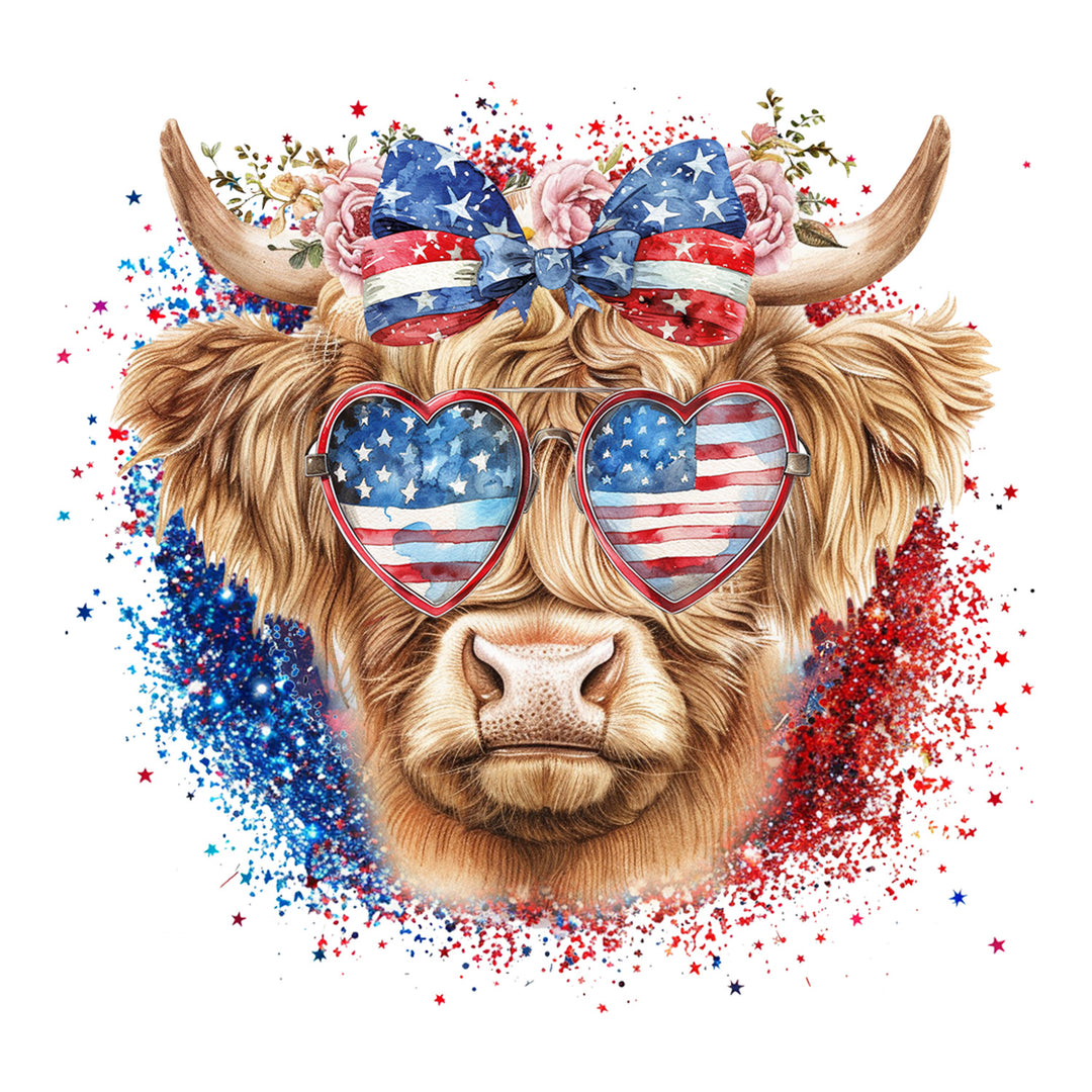 USA Highland Cow: Patriotic Glitter Cow - DTF Transfer - Direct-to-Film