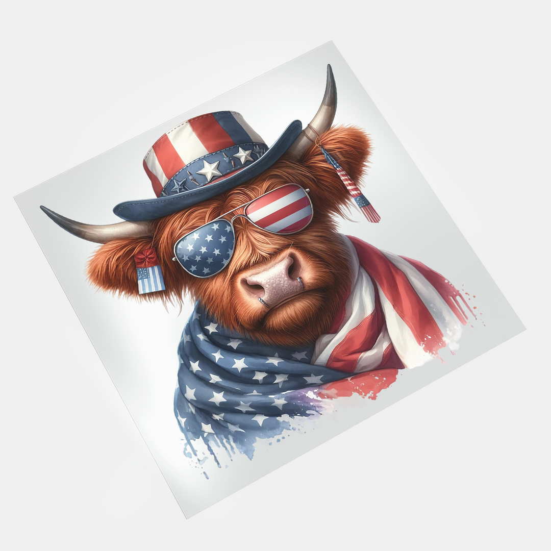 USA Highland Cow: Patriotic Cow In Flag Scarf - DTF Transfer - Direct-to-Film