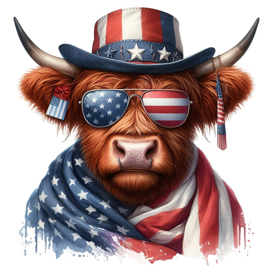 USA Highland Cow: Patriotic Cow In Flag Scarf - DTF Transfer - Direct-to-Film