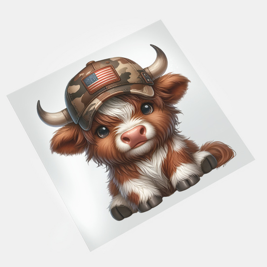 USA Highland Cow: Military Hat Cow - DTF Transfer - Direct-to-Film