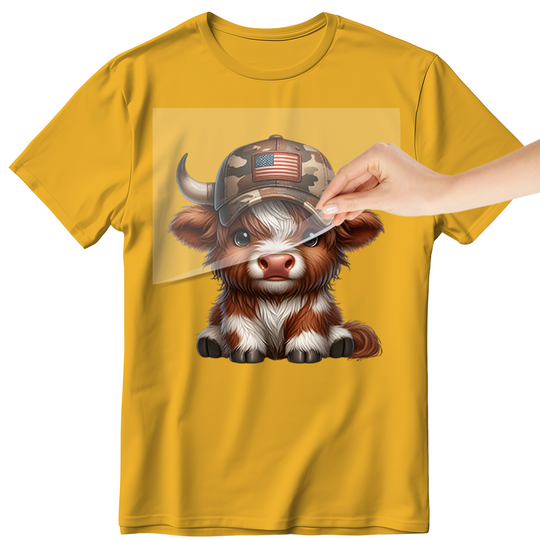 USA Highland Cow: Military Hat Cow - DTF Transfer - Direct-to-Film