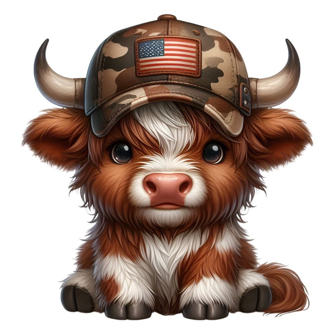 USA Highland Cow: Military Hat Cow - DTF Transfer - Direct-to-Film