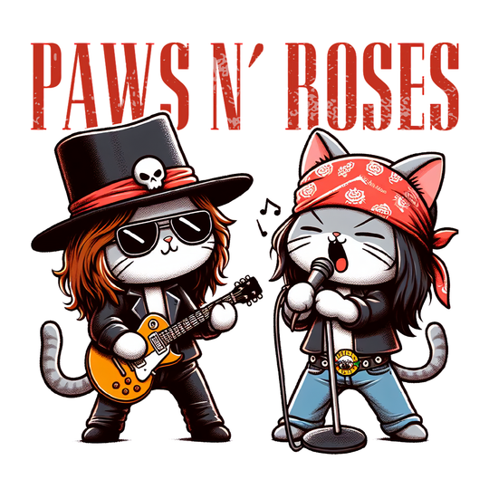 Rock Star Cat: Paws N' Roses - DTF Transfer - Direct-to-Film