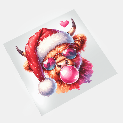 Bubble Gum Santa - Highland Cow - DTF Transfer - Direct-to-Film