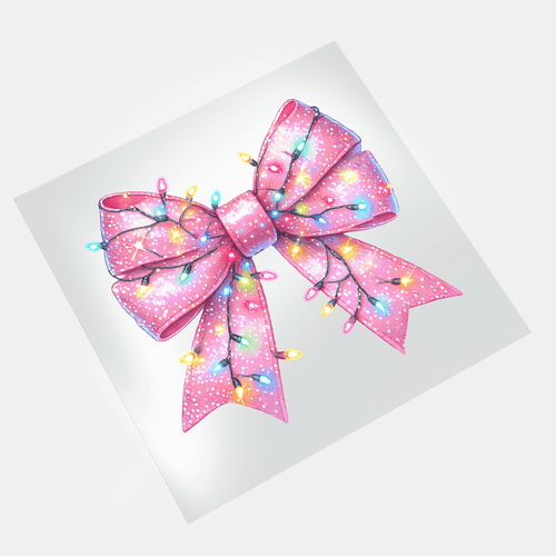 Christmas Bows: Pink Chritsmas Lights Bow - DTF Transfer - Direct-to-Film