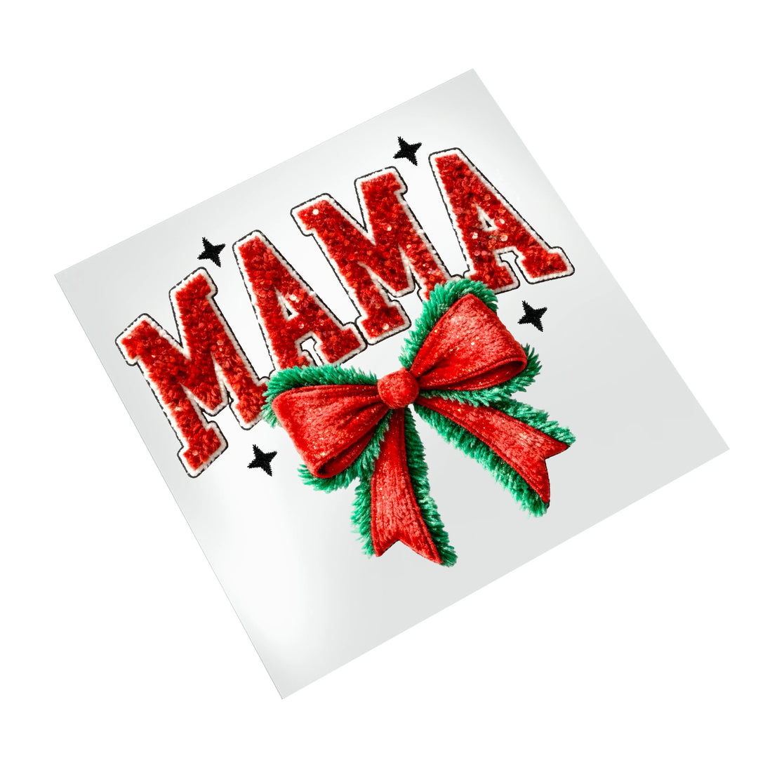 Premium Christmas Mama DTF transfer design with sparkly red letters and holiday bow ready to press
