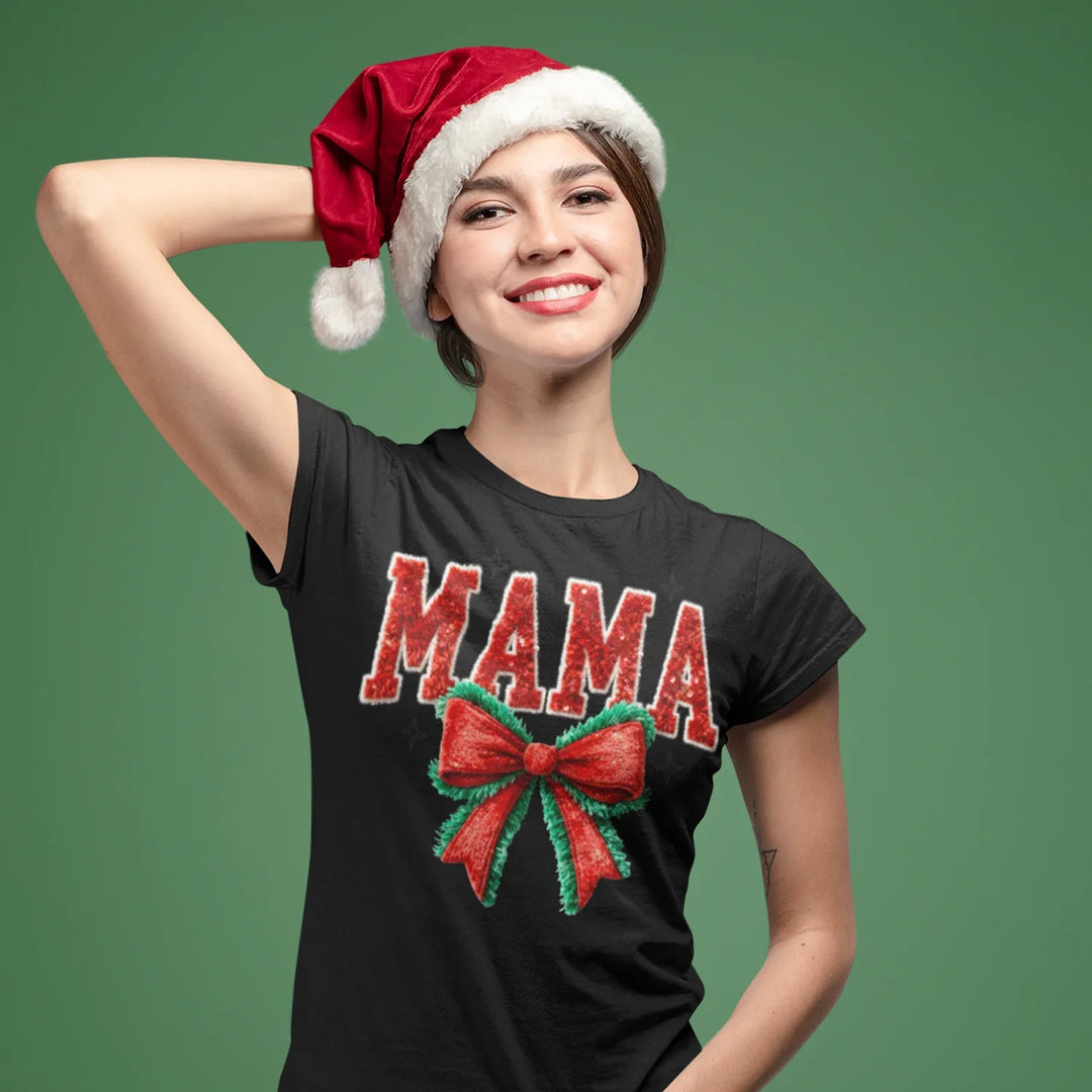 Woman wearing Christmas MAMA DTF transfer on red holiday shirt with festive bow design
