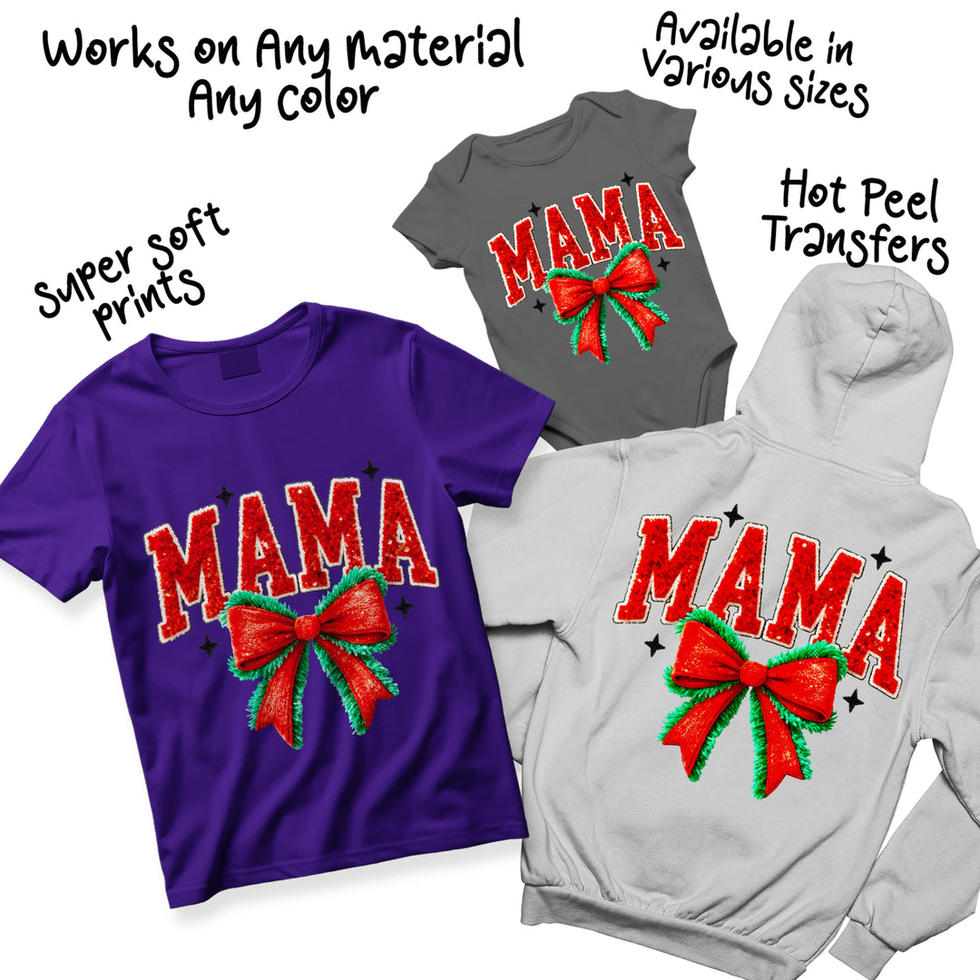 Christmas Mama DTF transfer shown on multiple shirt colors including red, green, and white mockups