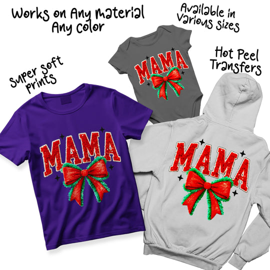 Christmas Mama DTF transfer shown on multiple shirt colors including red, green, and white mockups