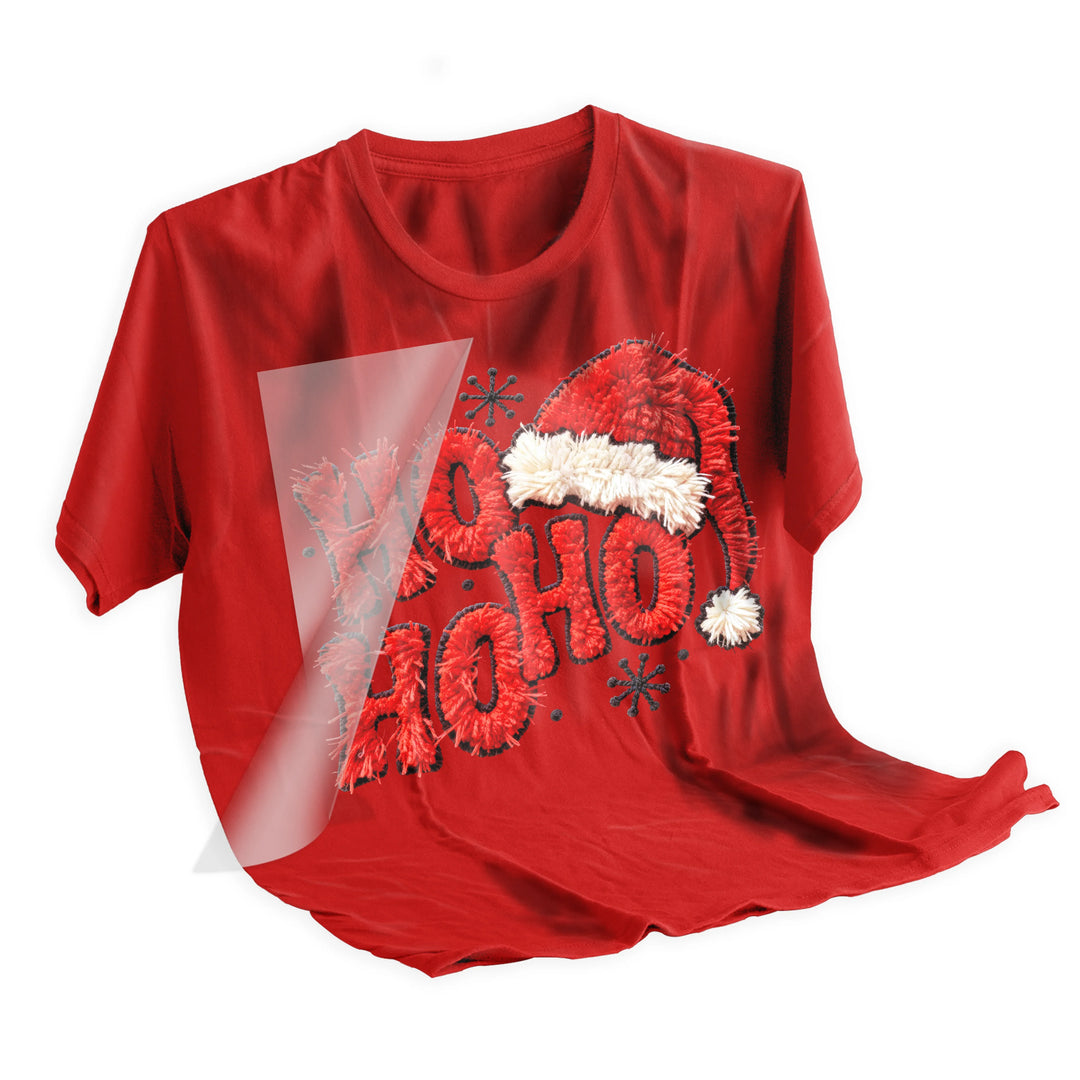 Heat press application of Ho Ho Ho Santa Christmas DTF transfer being applied to red holiday shirt step by step