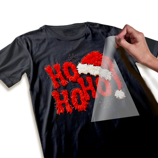 Close up detail of Ho Ho Ho Santa hat DTF transfer showing textured red lettering and white fur trim quality