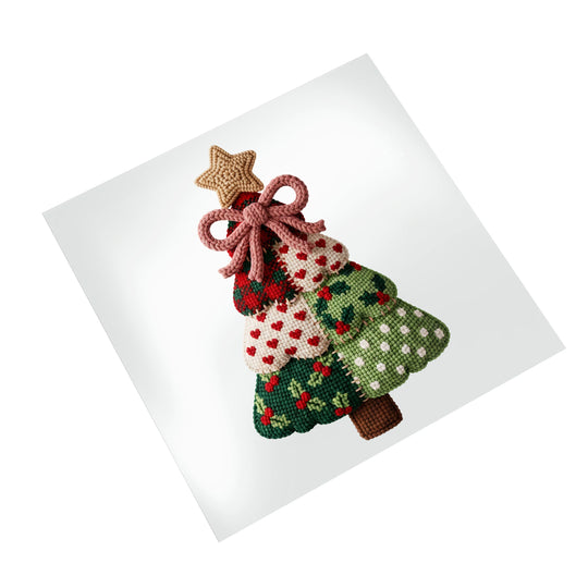 Ready to press Christmas tree DTF transfer with knit texture patterns in green, red, cream colors on white background