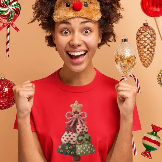 Holiday sweater mockup showing knitted Christmas tree DTF transfer applied to cozy winter apparel for festive look