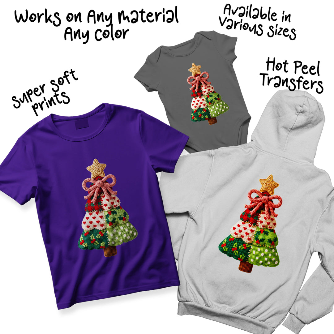 Multi-color Christmas tree DTF transfer variations showing different knit patterns and holiday color combinations