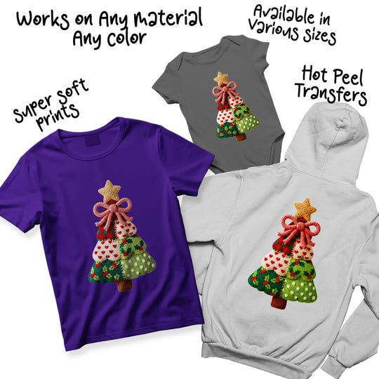 Multi-color Christmas tree DTF transfer variations showing different knit patterns and holiday color combinations