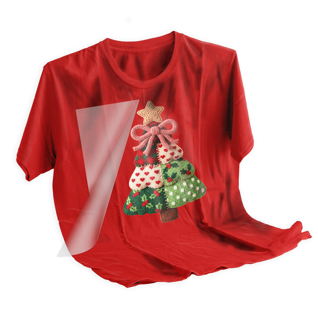 Step-by-step application demo of Christmas knitted tree DTF transfer being pressed onto holiday garment fabric