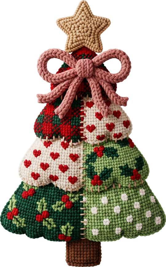 Christmas DTF transfer featuring knitted crochet-style tree with star topper, pink bow, and festive holiday patterns