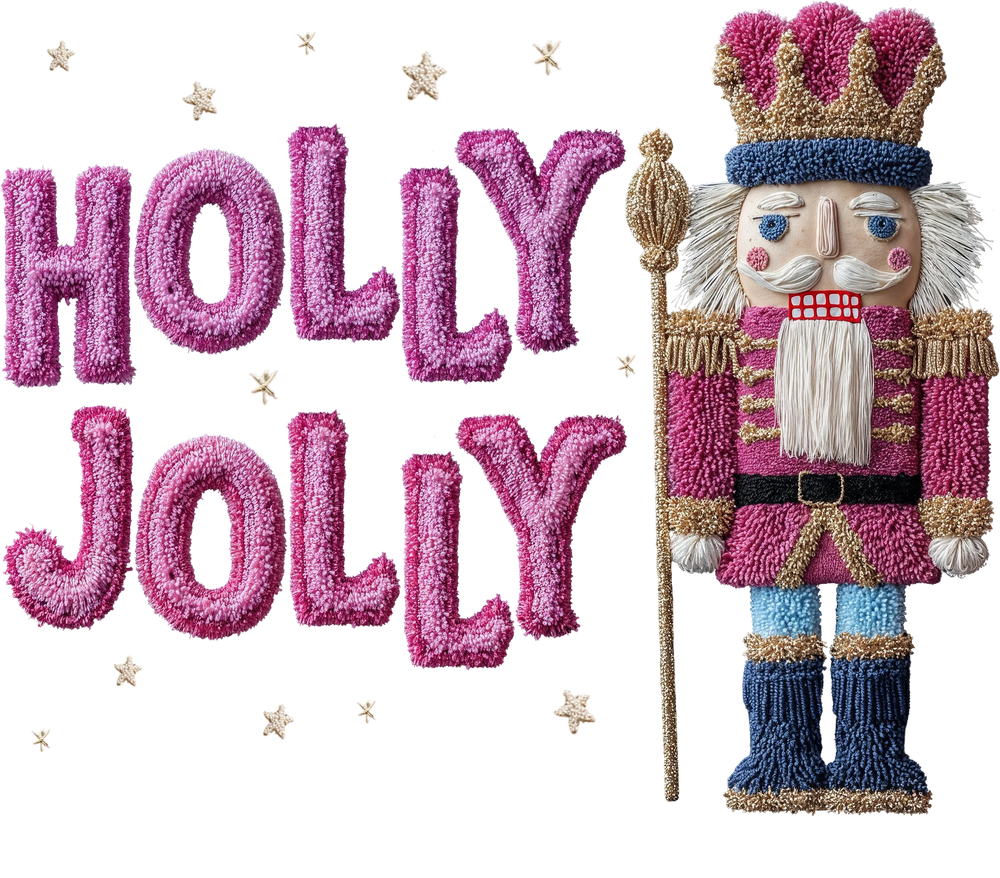 Holly Jolly Christmas DTF transfer with colorful nutcracker soldier design featuring crown and festive holiday text