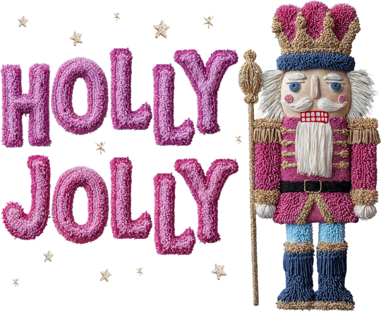 Holly Jolly Christmas DTF transfer with colorful nutcracker soldier design featuring crown and festive holiday text