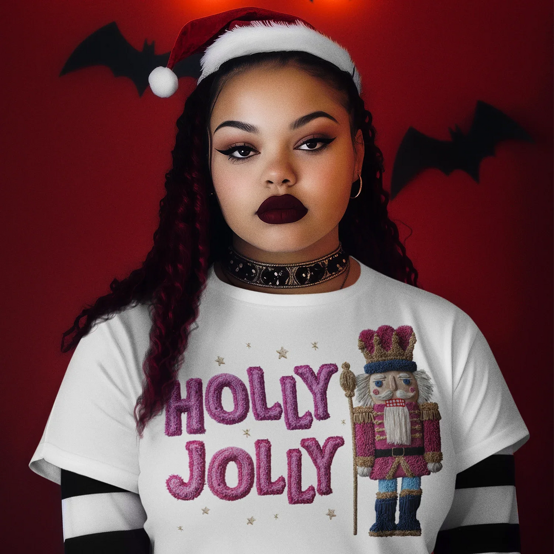 Person wearing Christmas t-shirt with Holly Jolly nutcracker DTF transfer design perfect for holiday apparel