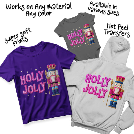 Holly Jolly nutcracker Christmas DTF transfer shown on multiple colored shirts demonstrating versatile design options