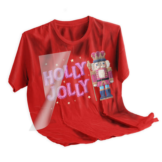 Christmas nutcracker DTF transfer using heat press showing easy ready-to-press process on red t-shirt