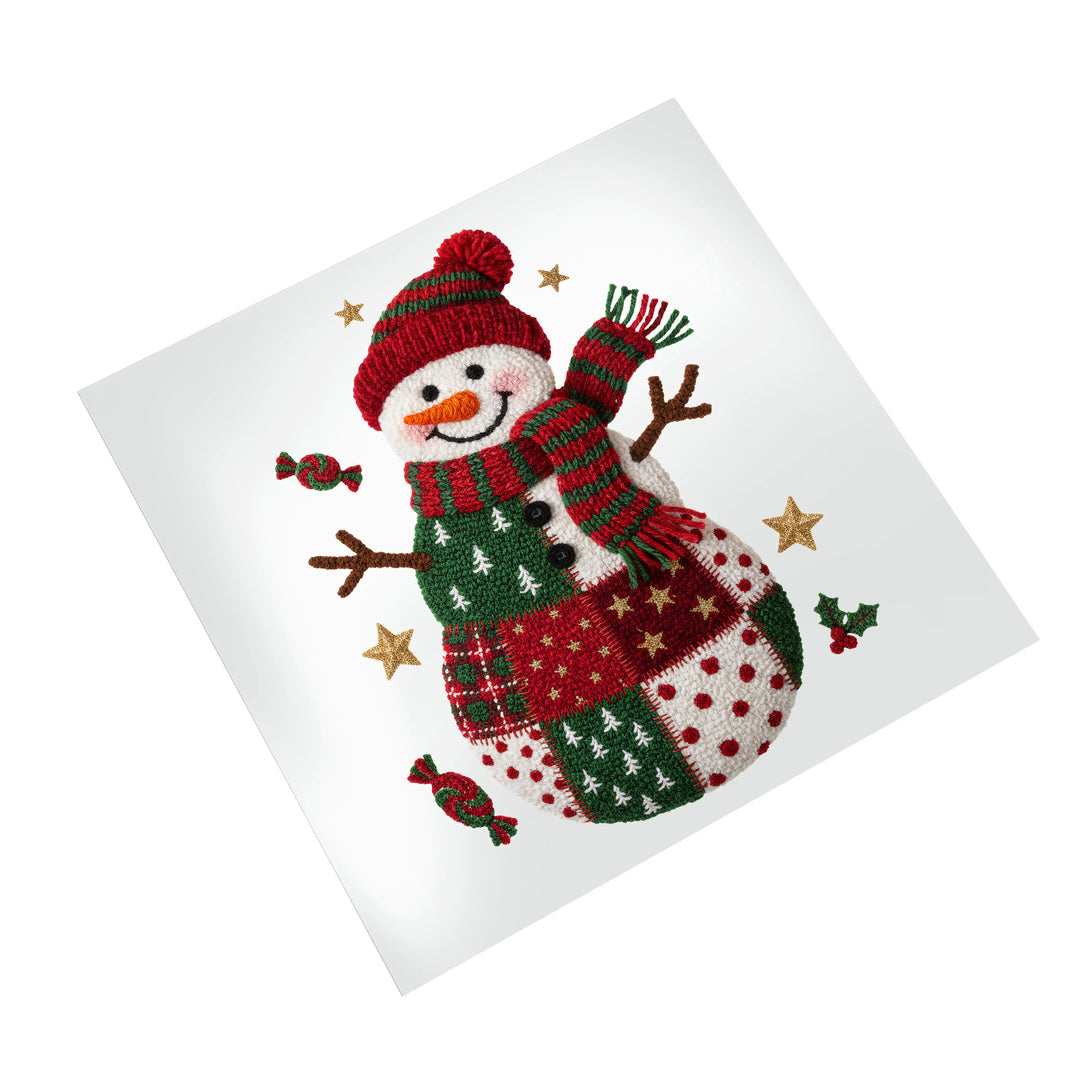 Christmas snowman DTF transfer ready to press featuring embroidered style knit textures in red, green and white colors