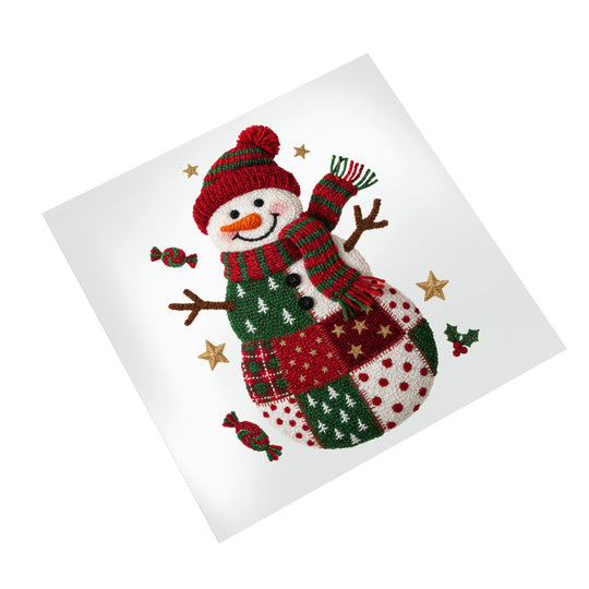 Christmas snowman DTF transfer ready to press featuring embroidered style knit textures in red, green and white colors