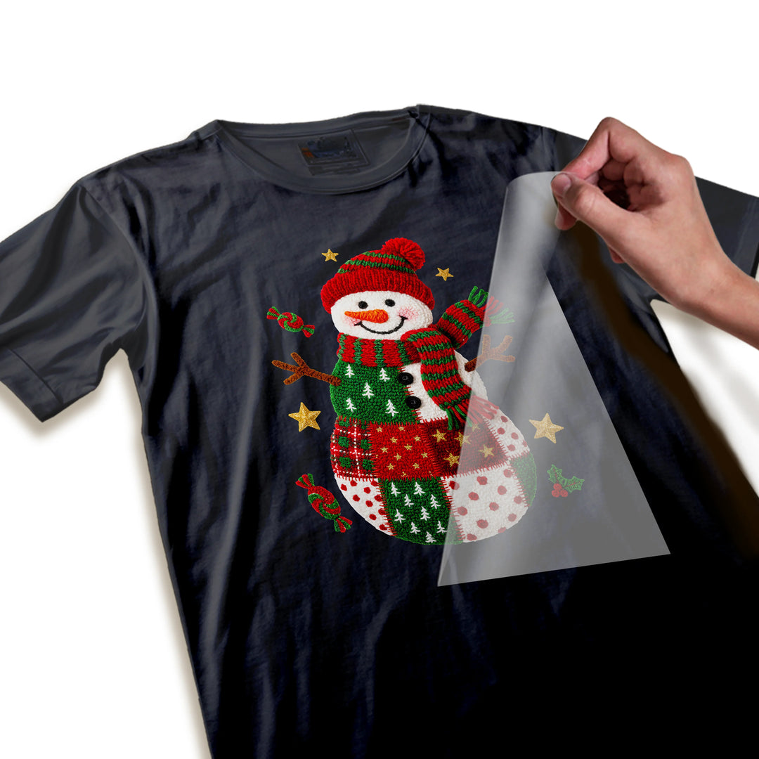 Close-up detail of Christmas snowman DTF transfer showing intricate knit texture, candy details, and gold star accents