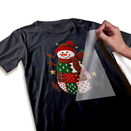 Close-up detail of Christmas snowman DTF transfer showing intricate knit texture, candy details, and gold star accents