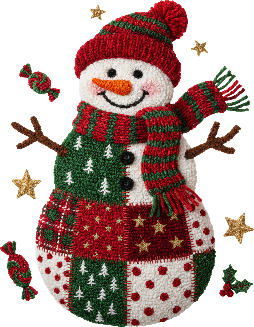 Knitted snowman Christmas DTF transfer design with red striped hat, green scarf, Fair Isle sweater pattern and gold stars