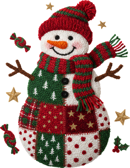 Knitted snowman Christmas DTF transfer design with red striped hat, green scarf, Fair Isle sweater pattern and gold stars