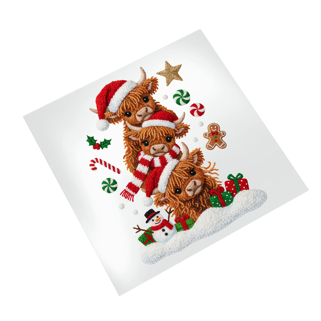 Ready to press Christmas Highland cow DTF design featuring three stacked cows with Santa hat, scarf and holiday decorations