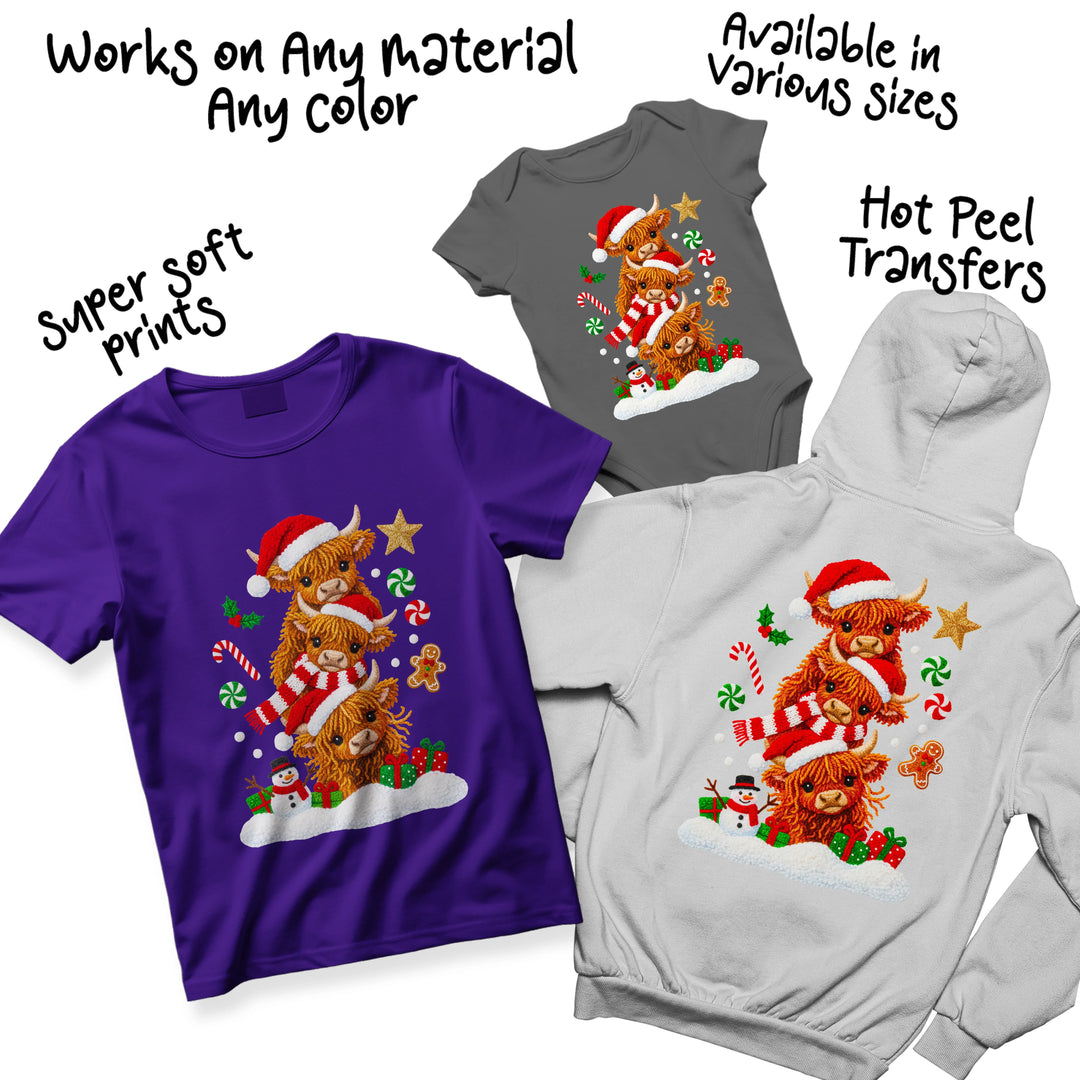 Highland cow Christmas DTF design shown on multiple shirt colors demonstrating versatility and color options available