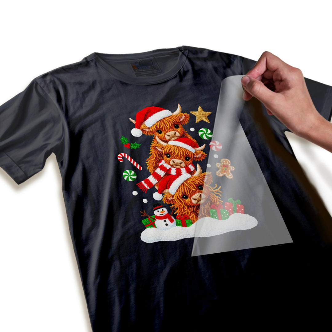 Close-up detail of Highland cow Christmas DTF transfer showing intricate fur texture, Santa hat details and holiday elements