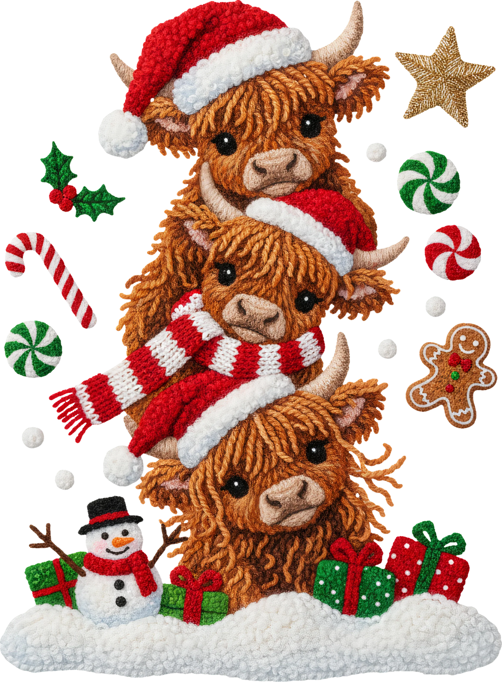 Christmas Highland cows DTF transfer with Santa hat, scarf, gifts, candy canes and festive holiday elements on white background