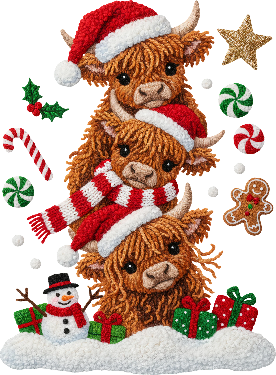 Christmas Highland cows DTF transfer with Santa hat, scarf, gifts, candy canes and festive holiday elements on white background